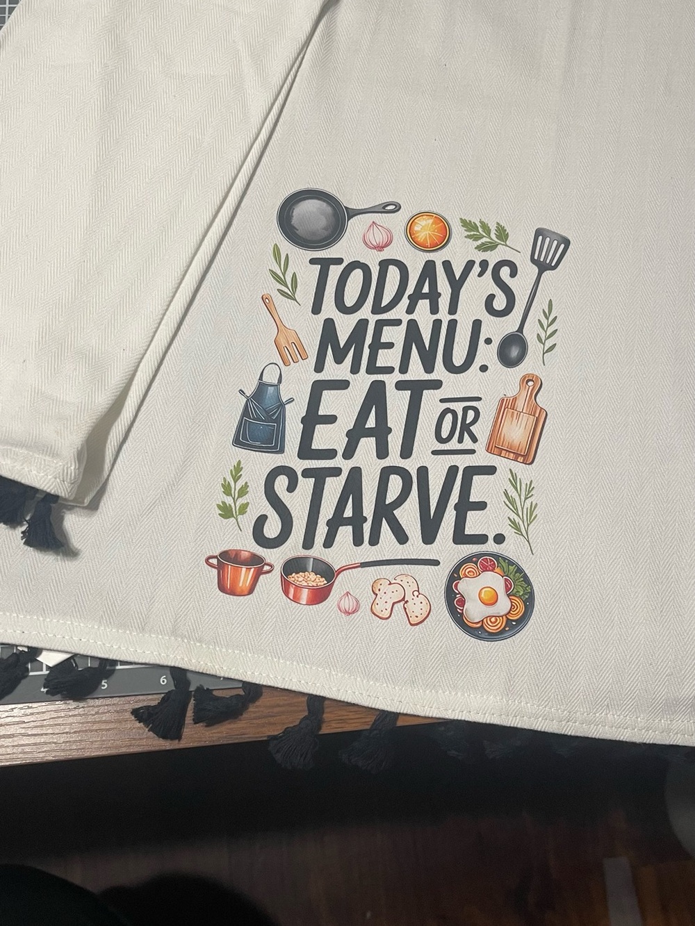 Cream Kitchen Tea Towel - "Today's Menu: Eat or Starve"